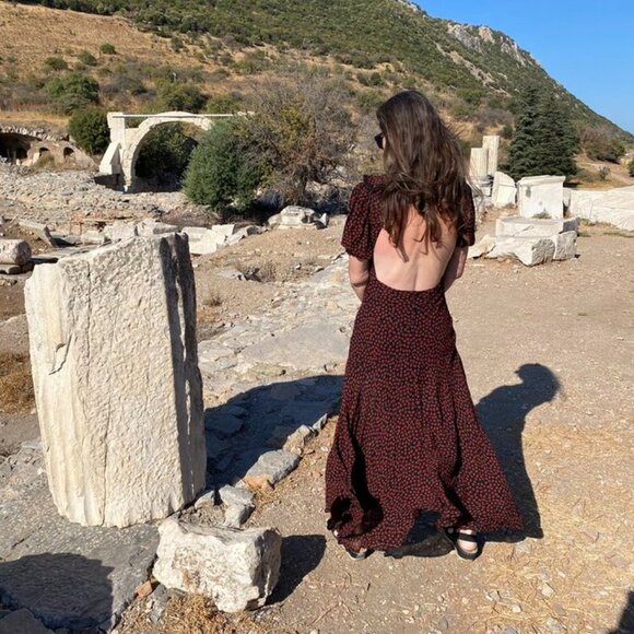 Reformation Evra Lace Trim Floral Crepe Maxi Dress Black Red Print 8 (Fits Small - Picture 5 of 13